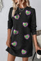 Black Mardi Gras Hearts Sequin Patched Graphic Textured Long Sleeve Dress
