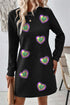 Black Mardi Gras Hearts Sequin Patched Graphic Textured Long Sleeve Dress