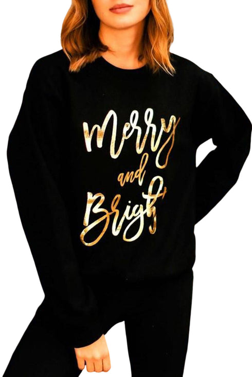 Black Merry & Bright Letter Print Pullover Sweatshirt