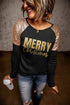 Black Merry Christmas Sequin Patchwork Long Sleeve Top