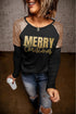 Black Merry Christmas Sequin Patchwork Long Sleeve Top