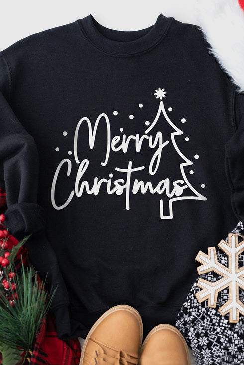 Black Merry Christmas Tree Sketch Sweatshirt