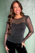 Black Metallic Glitter Mesh Long Sleeve Top