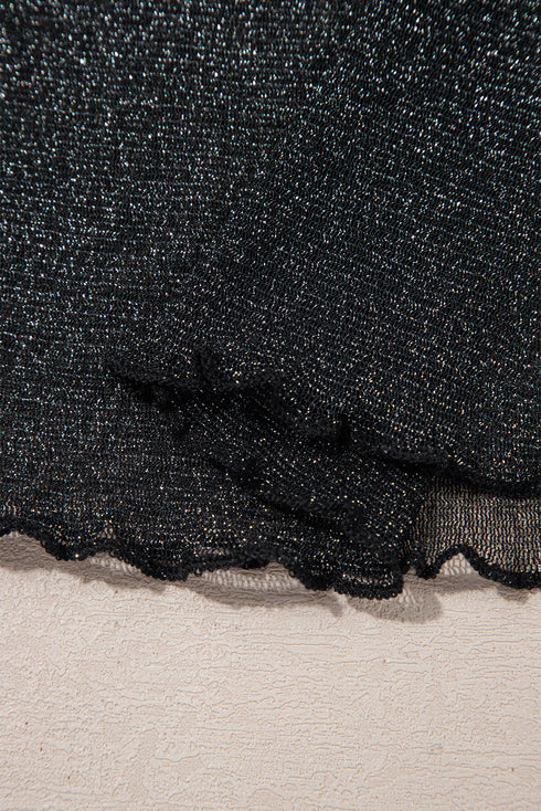 Black Metallic Glitter Mesh Long Sleeve Top