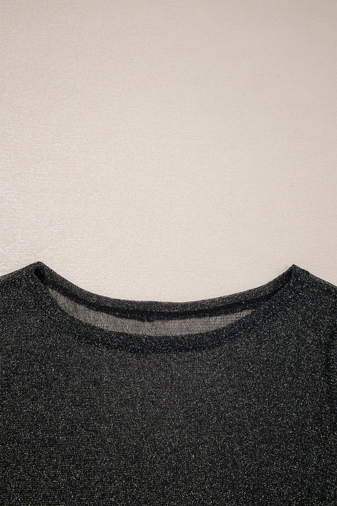 Black Metallic Glitter Mesh Long Sleeve Top