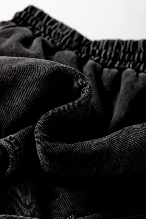 Black Mineral Wash French Terry High Waist Casual Shorts