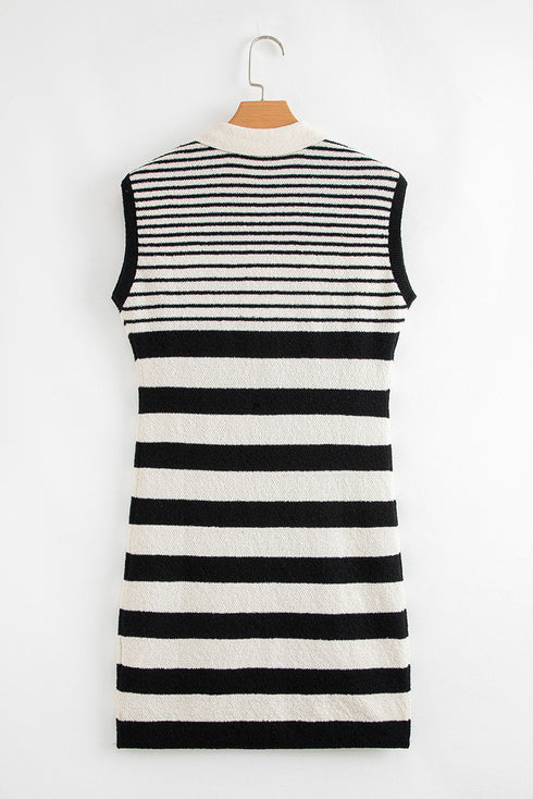 Black Mixed Striped Print Half Placket Collared Cap Sleeve Bodycon Sweater Dress