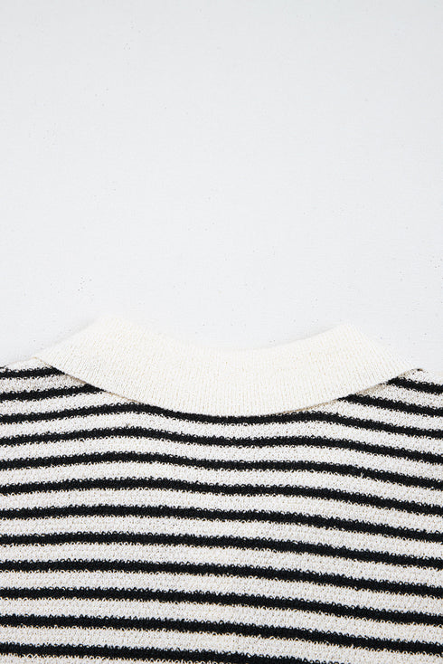 Black Mixed Striped Print Half Placket Collared Cap Sleeve Bodycon Sweater Dress