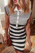 Black Mixed Striped Print Half Placket Collared Cap Sleeve Bodycon Sweater Dress