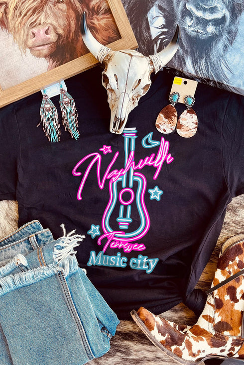 Black Music City Guitar Graphic Print Short Sleeve T Shirt