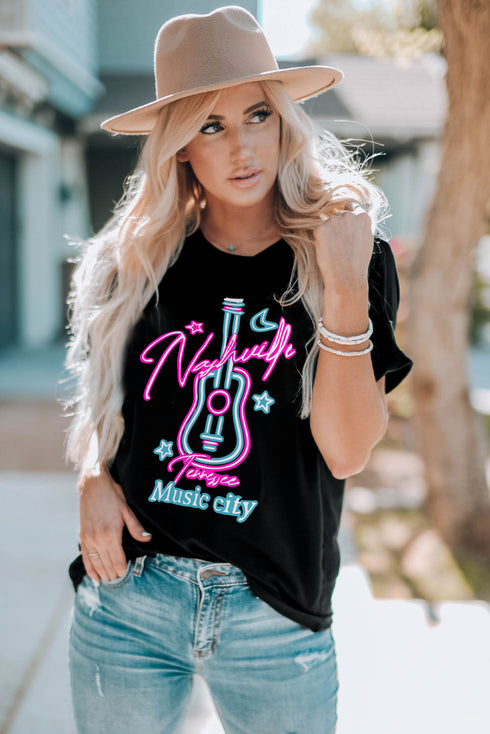 Black Music City Guitar Graphic Print Short Sleeve T Shirt
