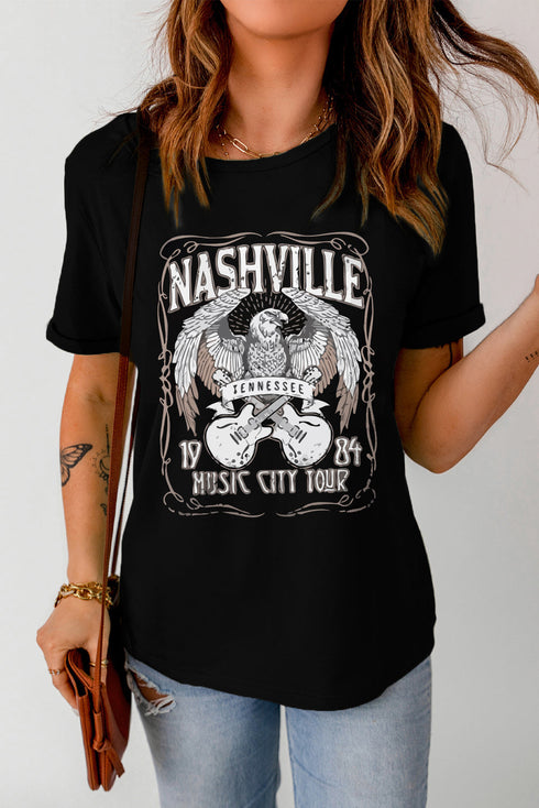 Black Nashville Eagle Guitar Graphic Print Short Sleeve T Shirt