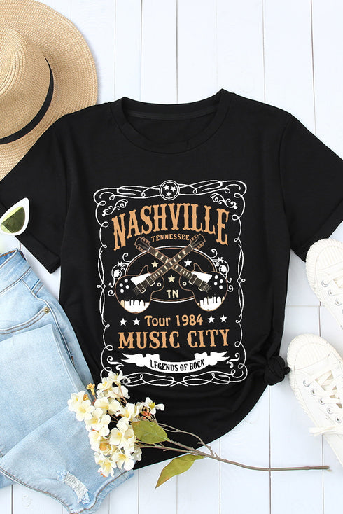 Black Nashville Letter Guitar Print Short Sleeve Graphic Tee