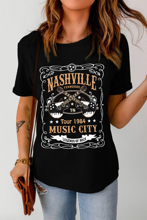 Black Nashville Letter Guitar Print Short Sleeve Graphic Tee