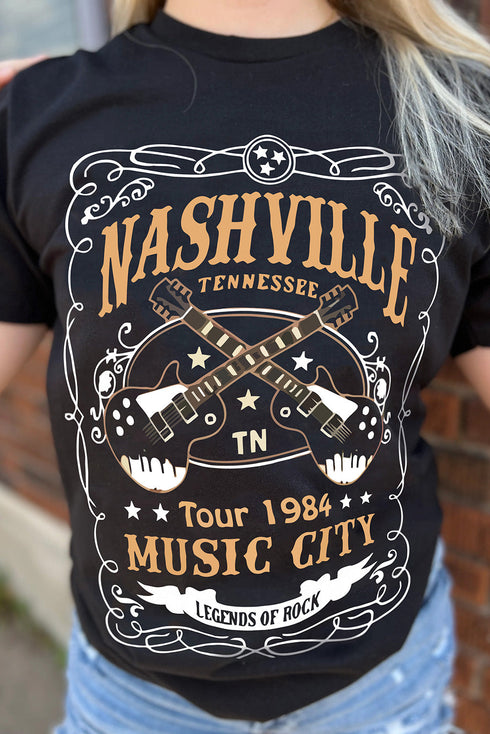 Black Nashville Letter Guitar Print Short Sleeve Graphic Tee