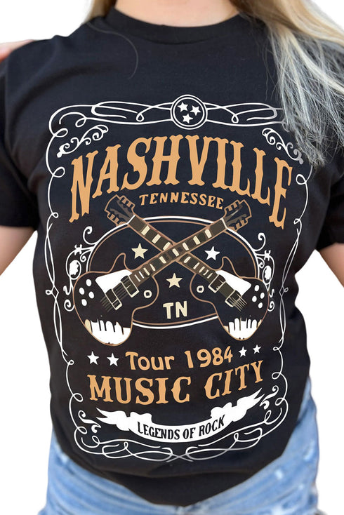 Black Nashville Letter Guitar Print Short Sleeve Graphic Tee