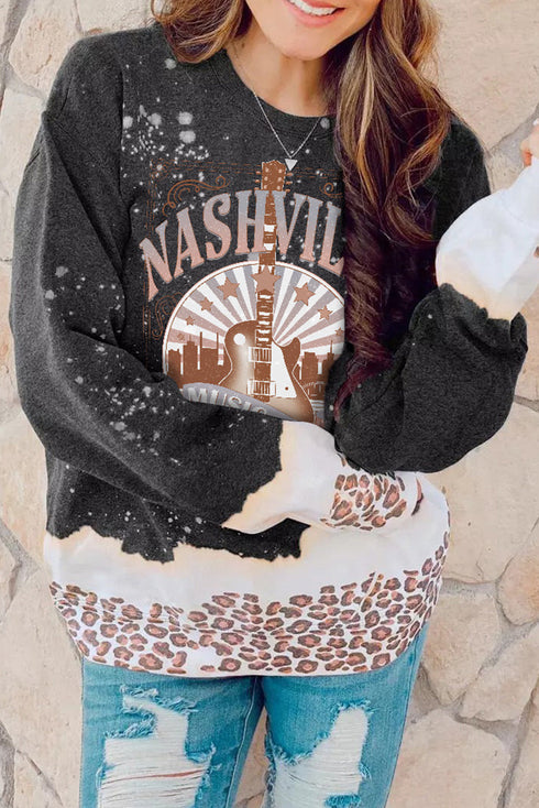 Black Nashville Music City Guitar Leopard Color Block Sweatshirt