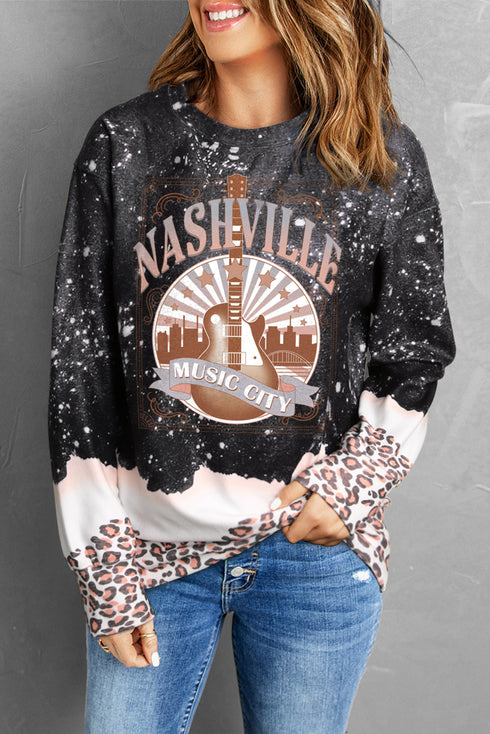 Black Nashville Music City Guitar Leopard Color Block Sweatshirt