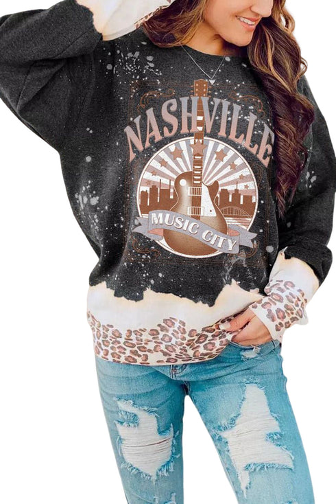 Black Nashville Music City Guitar Leopard Color Block Sweatshirt