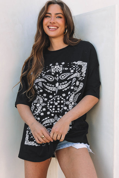Black Paisley Print Crew Neck Loose Fit Tunic Tee