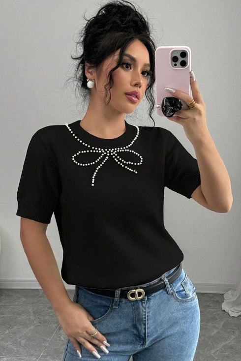 Black Pearl Bow Necklace Embellished Short Sleeve Knitted T Shirt