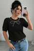 Black Pearl Bow Necklace Embellished Short Sleeve Knitted T Shirt