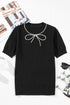 Black Pearl Bow Necklace Embellished Short Sleeve Knitted T Shirt