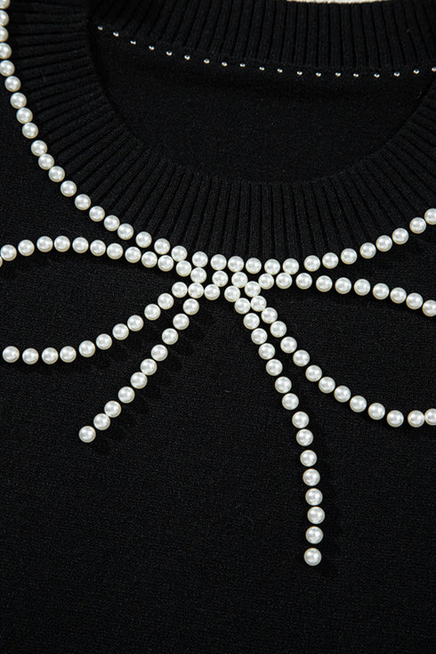 Black Pearl Bow Necklace Embellished Short Sleeve Knitted T Shirt