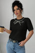 Black Pearl Bow Necklace Embellished Short Sleeve Knitted T Shirt