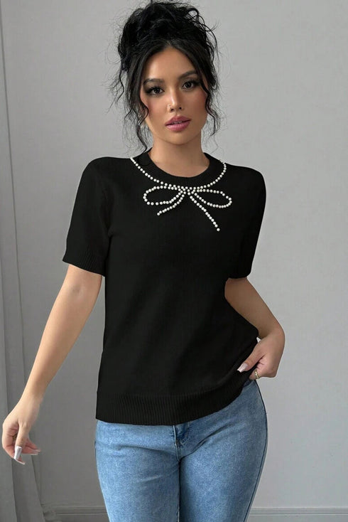 Black Pearl Bow Necklace Embellished Short Sleeve Knitted T Shirt