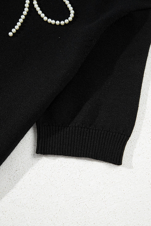 Black Pearl Bow Necklace Embellished Short Sleeve Knitted T Shirt