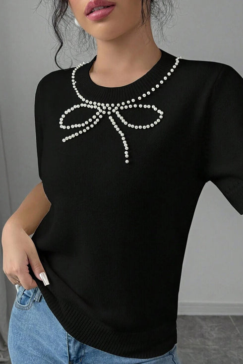 Black Pearl Bow Necklace Embellished Short Sleeve Knitted T Shirt