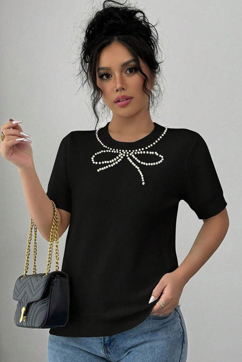 Black Pearl Bow Necklace Embellished Short Sleeve Knitted T Shirt