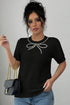 Black Pearl Bow Necklace Embellished Short Sleeve Knitted T Shirt