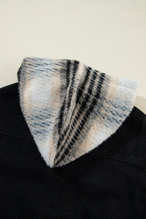Black Plaid Sleeve Frayed Hem Hooded Denim Jacket