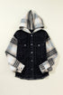 Black Plaid Sleeve Frayed Hem Hooded Denim Jacket