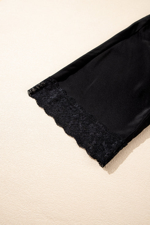 Black Plus Size Lace Splicing Button V Neck Short Sleeve Top