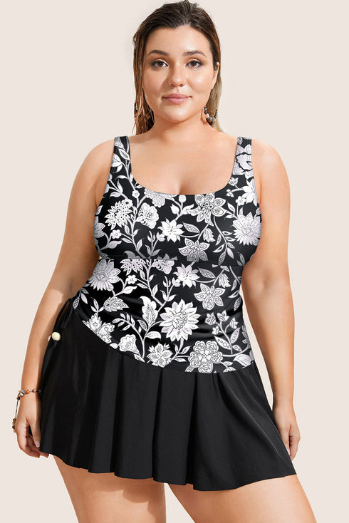 Black Plus Size Printed Square Neck Drawstring Ruffled Tankini Set