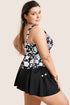 Black Plus Size Printed Square Neck Drawstring Ruffled Tankini Set