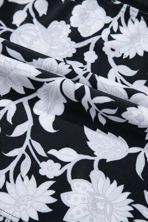 Black Plus Size Printed Square Neck Drawstring Ruffled Tankini Set