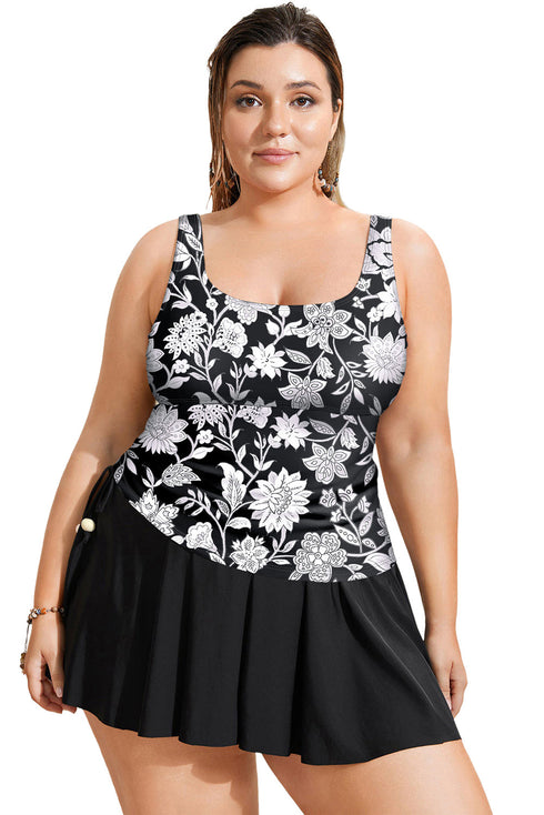 Black Plus Size Printed Square Neck Drawstring Ruffled Tankini Set
