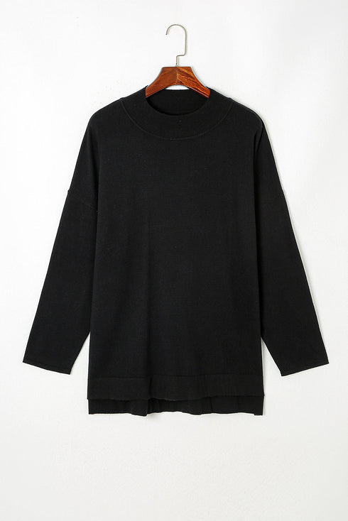Black Plus Size Side Slits High Neck Loose Sweater