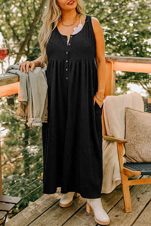 Black Plus Size Sleeveless Button Front Loose Jumpsuit