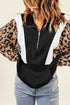 Black Pocketed Half Zip Leopard Pullover Sweatshirt