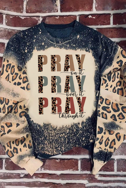 Black Pray Letter Leopard Bleached Color Block Sweatshirt
