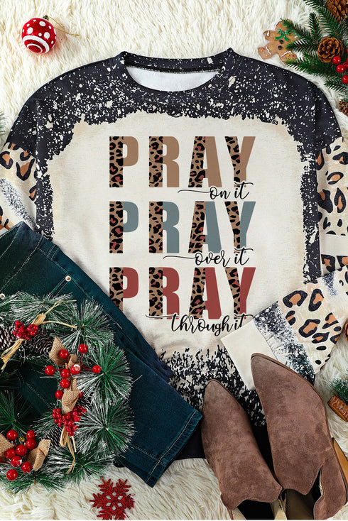 Black Pray Letter Leopard Bleached Color Block Sweatshirt