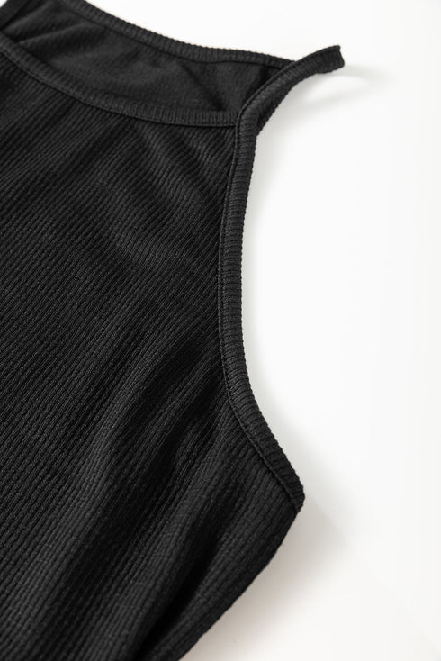 Black Racerback Ribbed Knit Drawstring Bodycon Dress