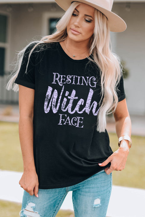 Black Resting Witch Face Short Sleeve Graphic Tee