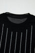 Black Rhinestone Decor Striped Mesh Long Sleeve Bodysuit