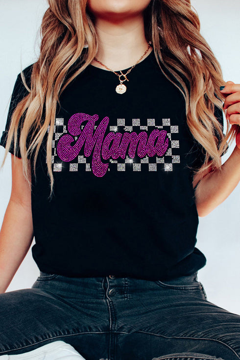 Black Rhinestone Mama Letter Graphic T Shirt
